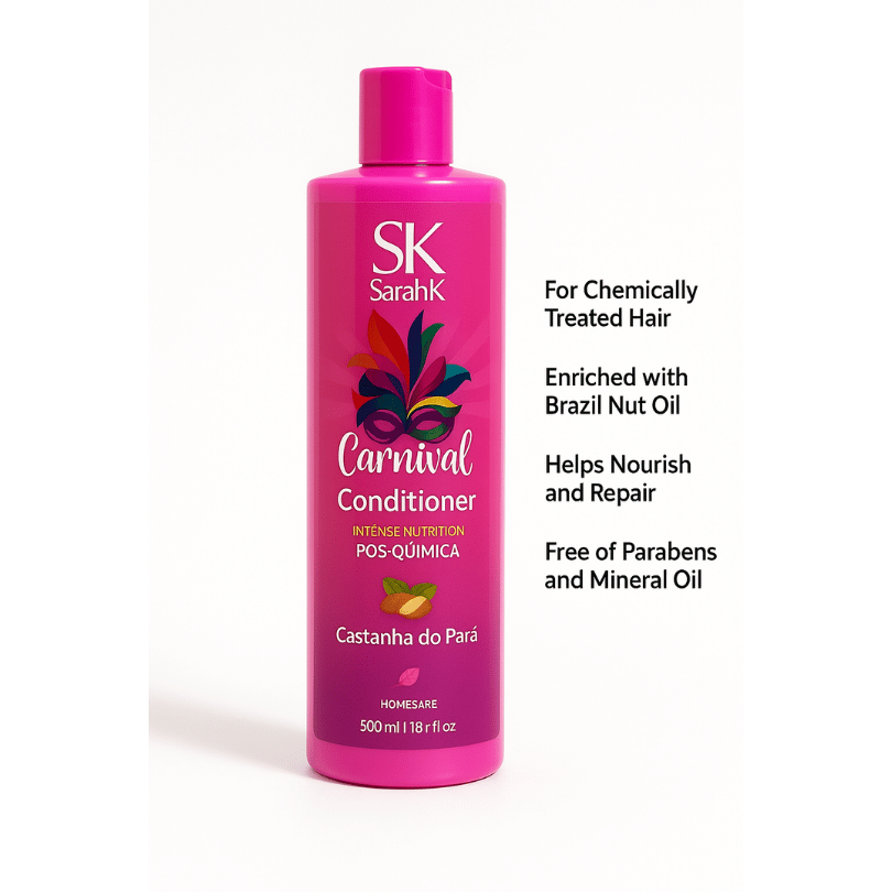Bright pink bottle of Sarah K Carnival Conditioner with Castanha do Pará – 500ml intense nourishing conditioner for chemically treated hair