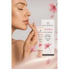 Histomer Lip Repair Vital Balm – Lip balm for dry and dark smoker’s lips in soft pink packaging with floral design